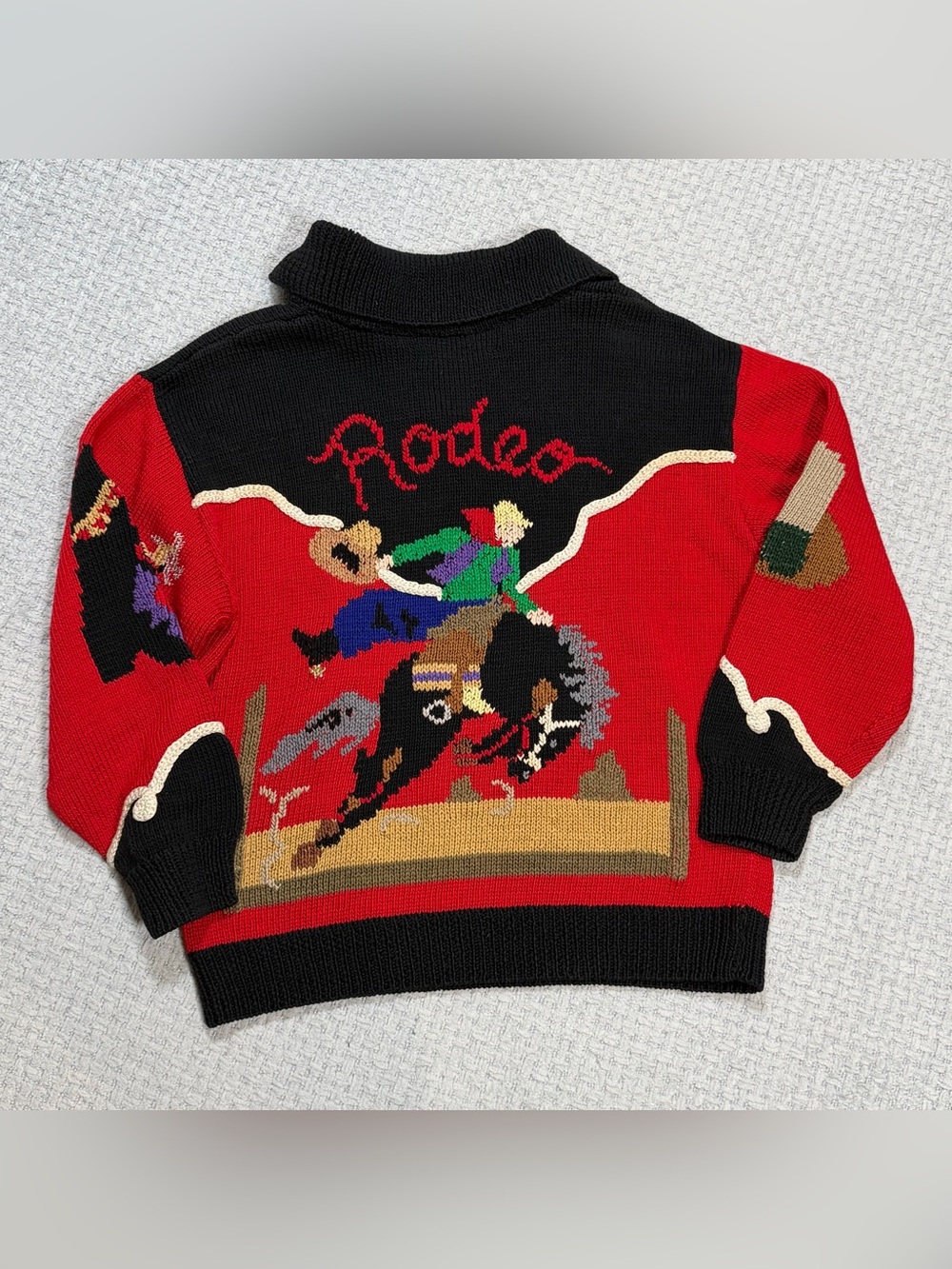 Vintage 80’s Berek Label Cowboy Rodeo Western Hand Knit Sweater Red Black Medium - Picture 11 of 15